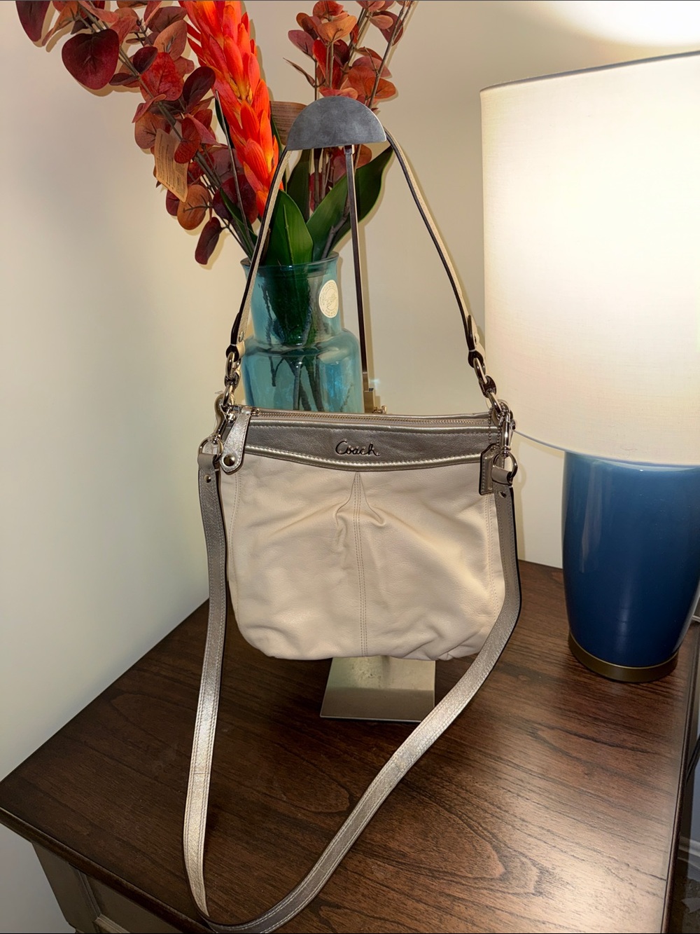 Coach Ashley leather hippie tote crossbody in metallic silver ivory